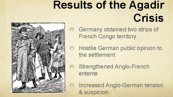 Results of the Agadir Crisis Germany obtained two strips of French Congo territory Hostile