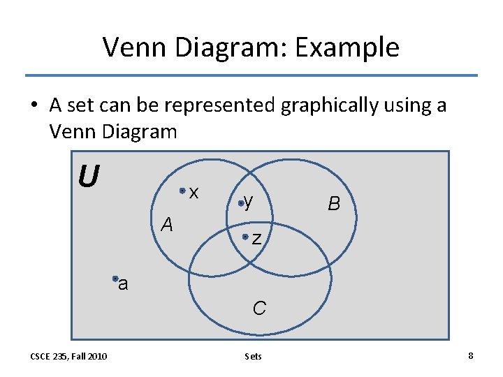 Venn Diagram: Example • A set can be represented graphically using a Venn Diagram