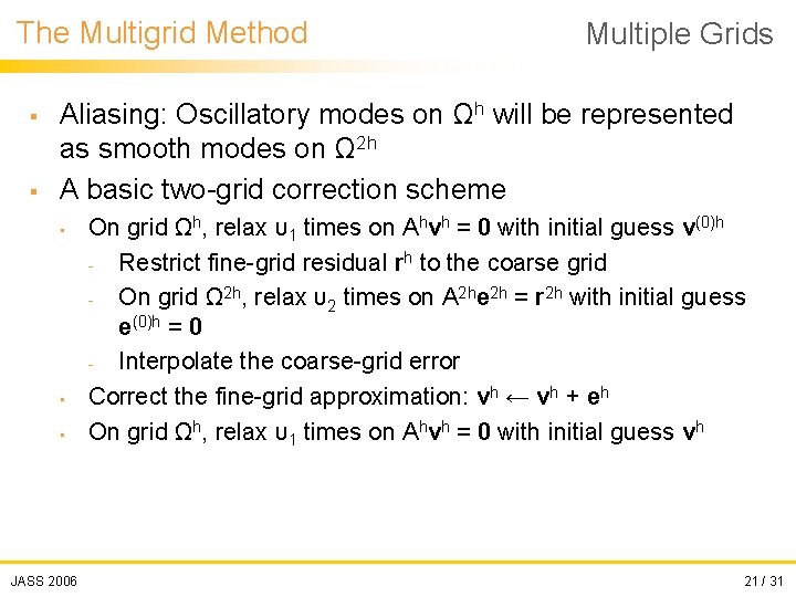 The Multigrid Method § § Multiple Grids Aliasing: Oscillatory modes on Ωh will be