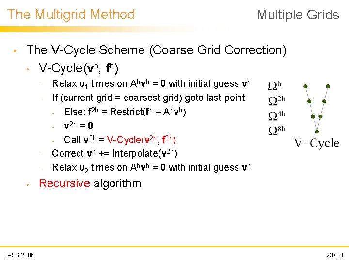 The Multigrid Method § Multiple Grids The V-Cycle Scheme (Coarse Grid Correction) • V-Cycle(vh,