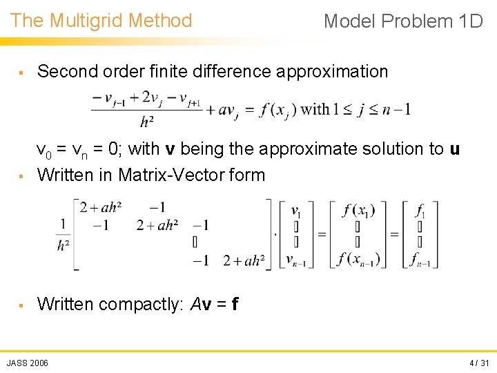 The Multigrid Method Model Problem 1 D § Second order finite difference approximation §