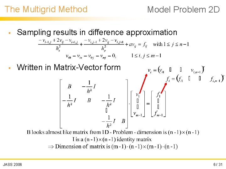 The Multigrid Method Model Problem 2 D § Sampling results in difference approximation §