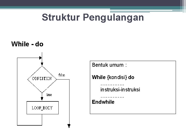 Struktur Pengulangan While - do Bentuk umum : While {kondisi} do …………. . instruksi-instruksi