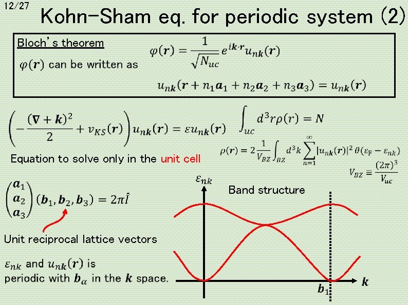 12/27 Kohn-Sham eq. for periodic system (2) Bloch’s theorem Equation to solve only in