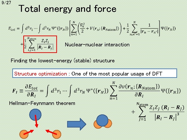 9/27 Total energy and force Nuclear-nuclear interaction Finding the lowest-energy (stable) structure Structure optimization