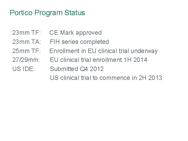 Portico Program Status 23 mm TF: CE Mark approved 23 mm TA: FIH series