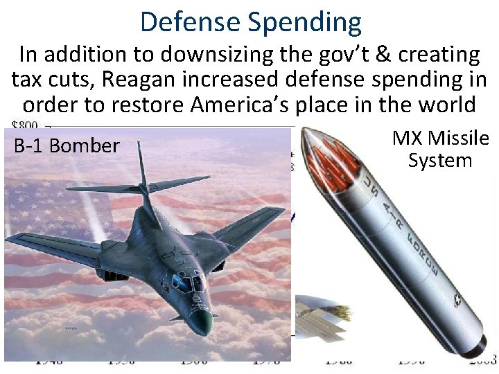 Defense Spending In addition to downsizing the gov’t & creating tax cuts, Reagan increased