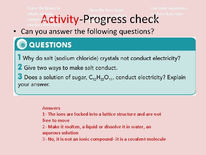 State the forms in which an ionic compound can conduct electricity Describe how ionic