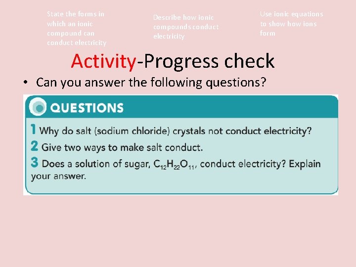 State the forms in which an ionic compound can conduct electricity Describe how ionic