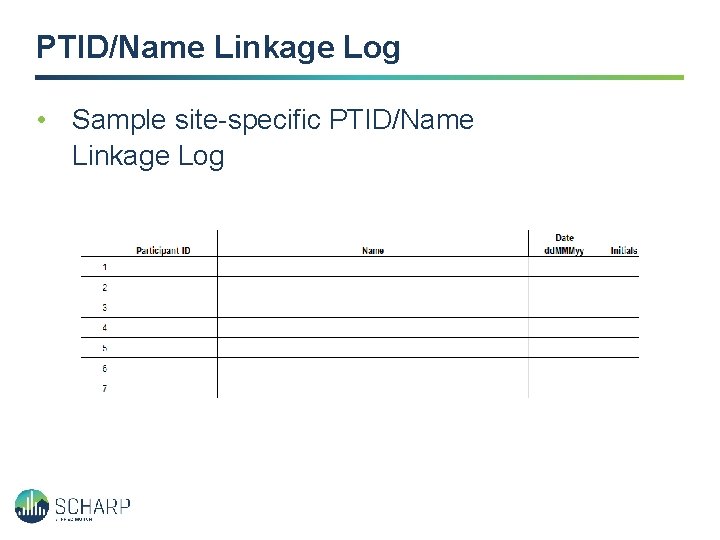 PTID/Name Linkage Log • Sample site-specific PTID/Name Linkage Log 