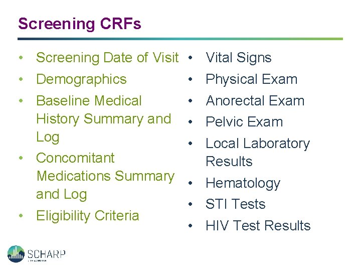 Screening CRFs • Screening Date of Visit • Vital Signs • Demographics • Physical