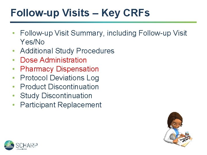 Follow-up Visits – Key CRFs • Follow-up Visit Summary, including Follow-up Visit Yes/No •