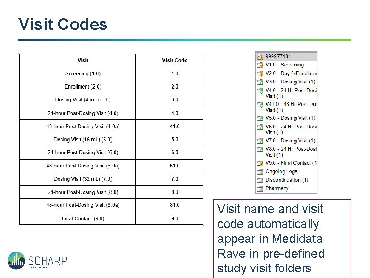 Visit Codes Visit name and visit code automatically appear in Medidata Rave in pre-defined