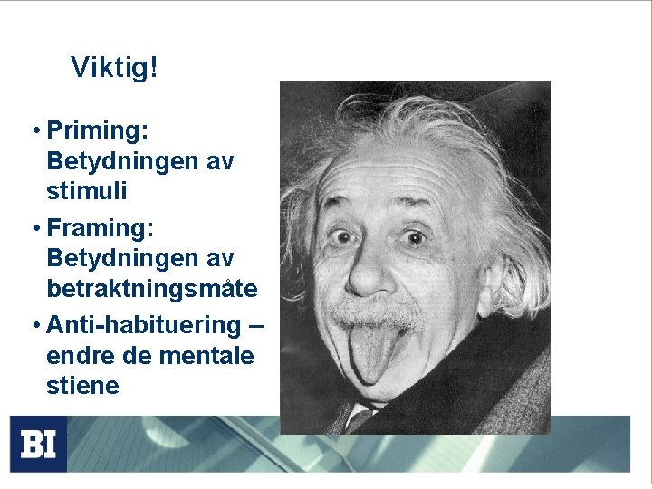 Viktig! • Priming: Betydningen av stimuli • Framing: Betydningen av betraktningsmåte • Anti-habituering –