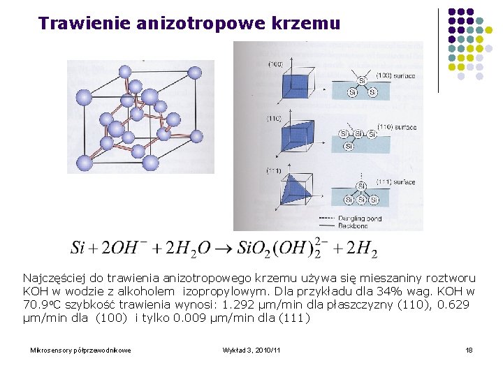 Trawienie anizotropowe krzemu Najczęściej do trawienia anizotropowego krzemu używa się mieszaniny roztworu KOH w