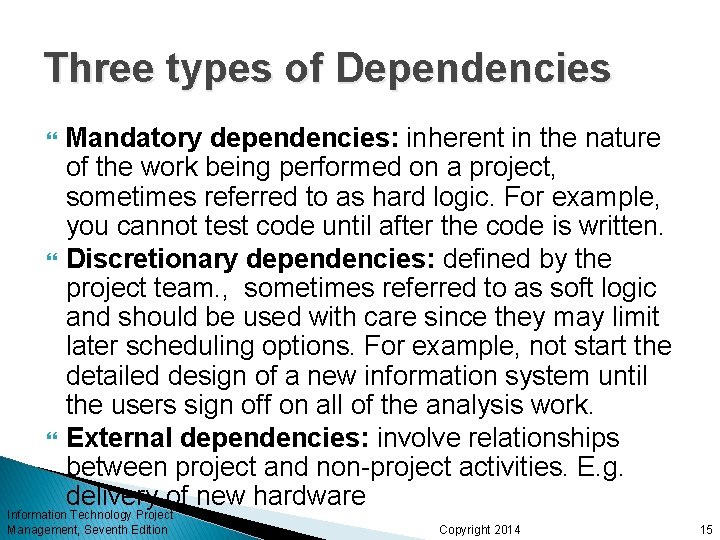 Three types of Dependencies Mandatory dependencies: inherent in the nature of the work being