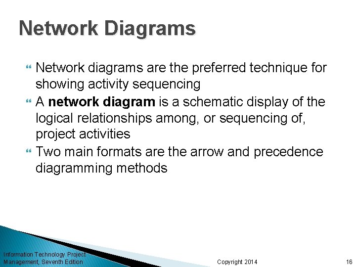 Network Diagrams Network diagrams are the preferred technique for showing activity sequencing A network