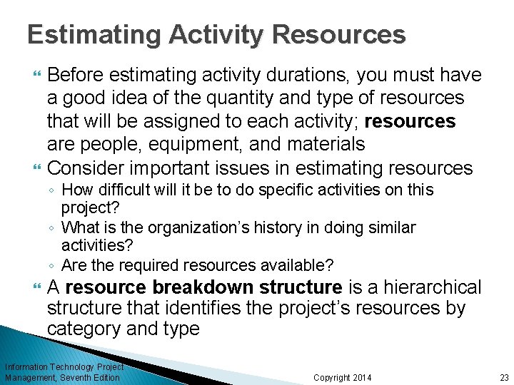 Estimating Activity Resources Before estimating activity durations, you must have a good idea of