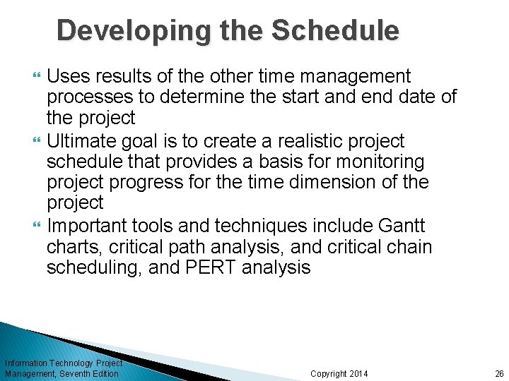 Developing the Schedule Uses results of the other time management processes to determine the