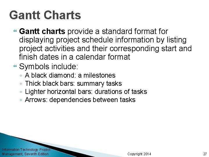 Gantt Charts Gantt charts provide a standard format for displaying project schedule information by