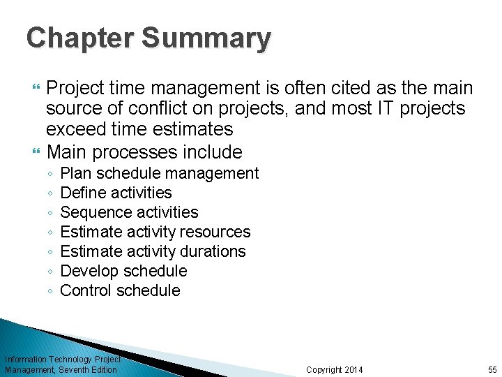 Chapter Summary Project time management is often cited as the main source of conflict