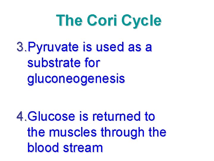 The Cori Cycle 3. Pyruvate is used as a substrate for gluconeogenesis 4. Glucose