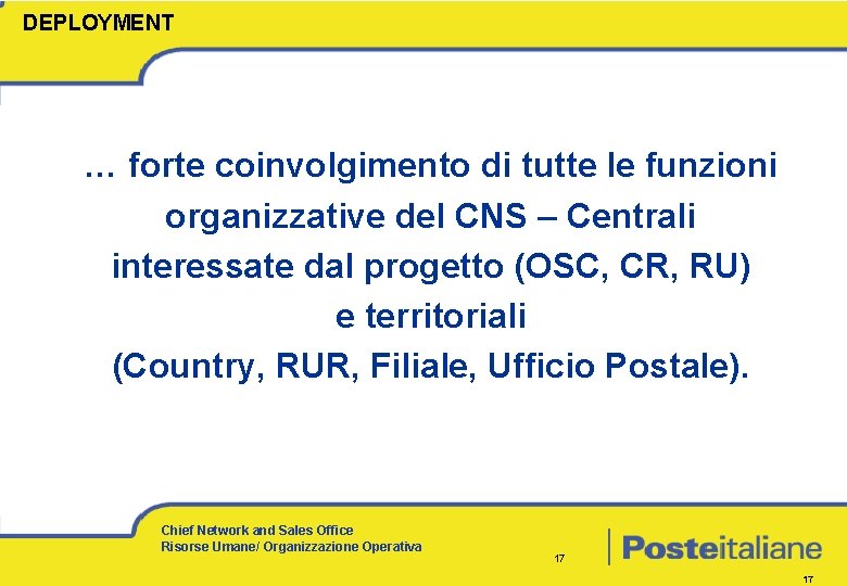 DEPLOYMENT … forte coinvolgimento di tutte le funzioni organizzative del CNS – Centrali interessate