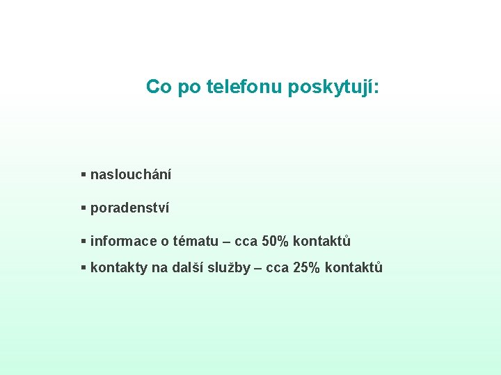 Co po telefonu poskytují: § naslouchání § poradenství § informace o tématu – cca Co po telefonu poskytují: § naslouchání § poradenství § informace o tématu – cca