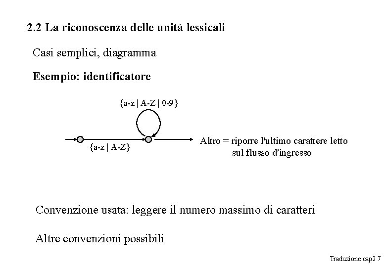 2. 2 La riconoscenza delle unità lessicali Casi semplici, diagramma Esempio: identificatore {a-z | 2. 2 La riconoscenza delle unità lessicali Casi semplici, diagramma Esempio: identificatore {a-z |