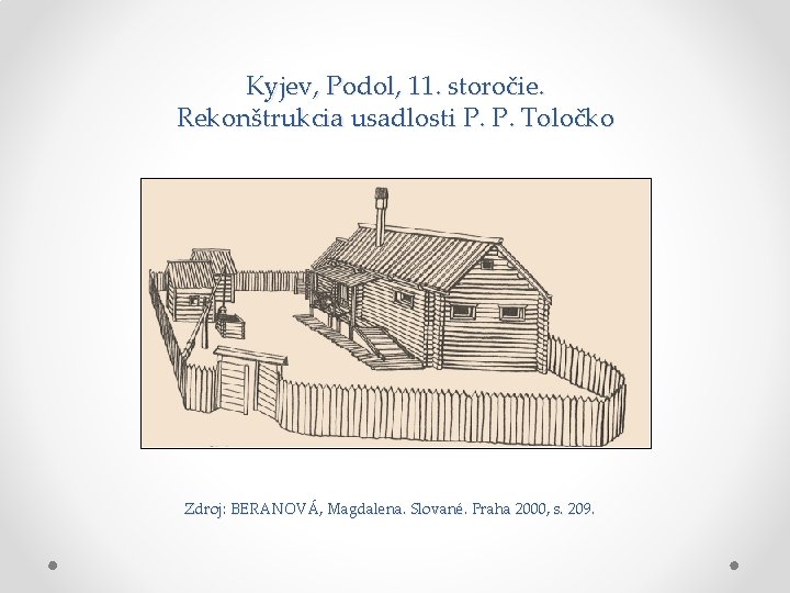 Kyjev, Podol, 11. storočie. Rekonštrukcia usadlosti P. P. Toločko Zdroj: BERANOVÁ, Magdalena. Slované. Praha Kyjev, Podol, 11. storočie. Rekonštrukcia usadlosti P. P. Toločko Zdroj: BERANOVÁ, Magdalena. Slované. Praha