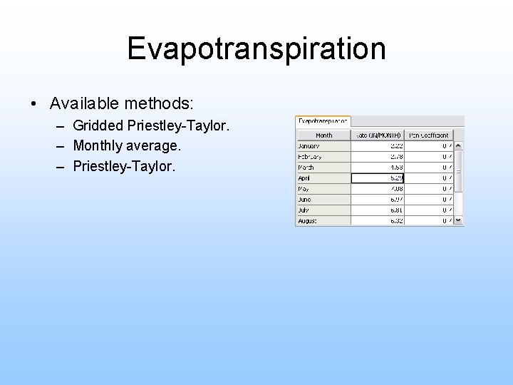 Evapotranspiration • Available methods: – Gridded Priestley-Taylor. – Monthly average. – Priestley-Taylor. 