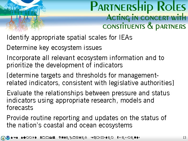 Partnership Roles Acting in concert with constituents & partners Identify appropriate spatial scales for