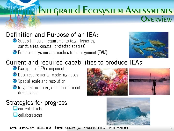 Integrated Ecosystem Assessments Overview Definition and Purpose of an IEA: Support mission requirements (e.