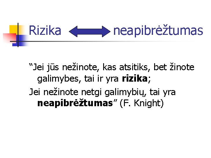 Rizika neapibrėžtumas “Jei jūs nežinote, kas atsitiks, bet žinote galimybes, tai ir yra rizika;