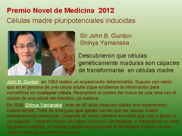 Premio Novel de Medicina 2012 Células madre pluripotenciales inducidas Sir John B. Gurdon Shinya