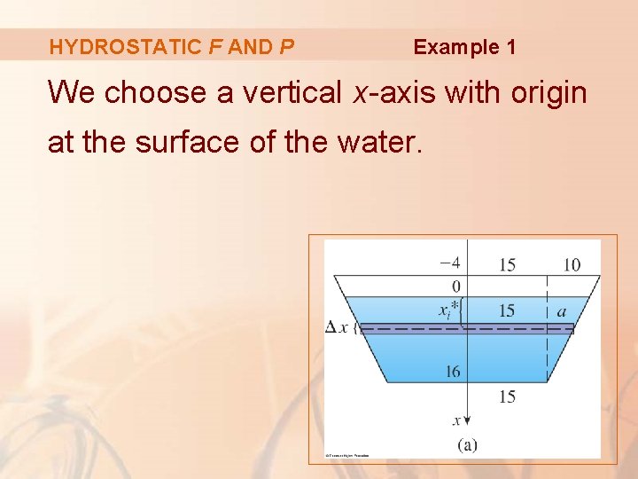 HYDROSTATIC F AND P Example 1 We choose a vertical x-axis with origin at