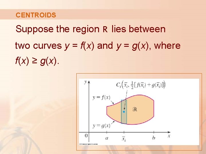 CENTROIDS Suppose the region R lies between two curves y = f(x) and y