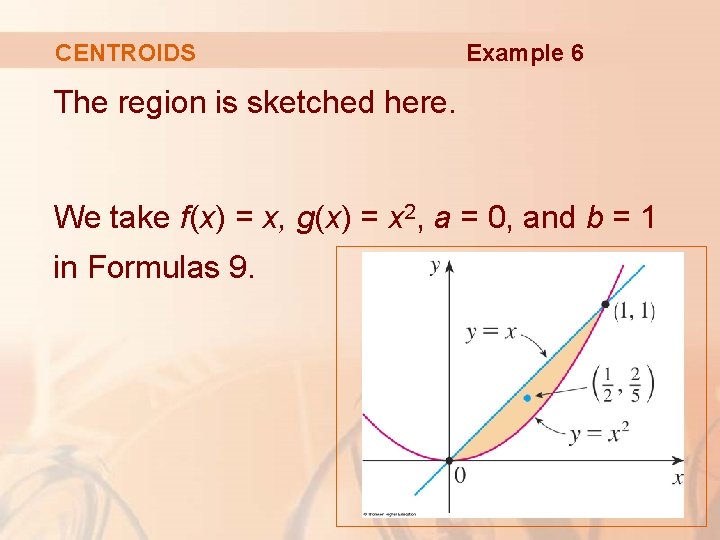 CENTROIDS Example 6 The region is sketched here. We take f(x) = x, g(x)