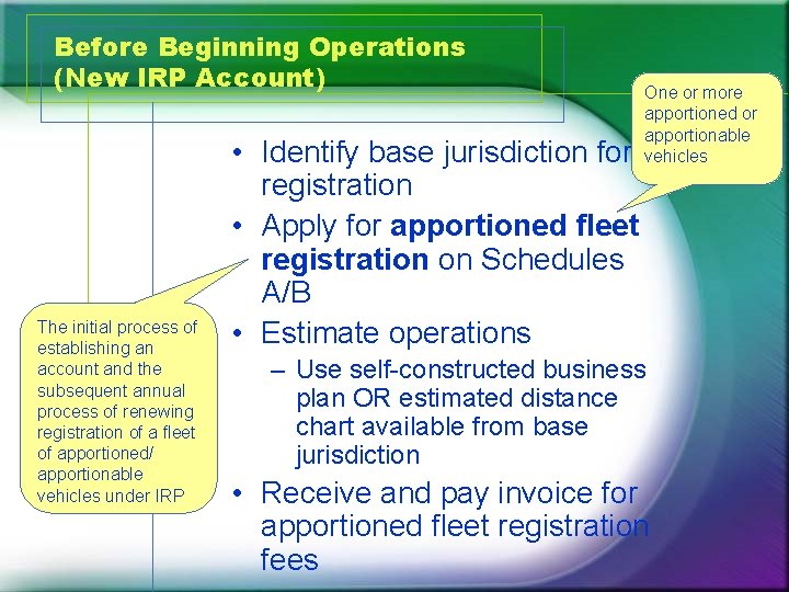 Before Beginning Operations (New IRP Account) The initial process of establishing an account and