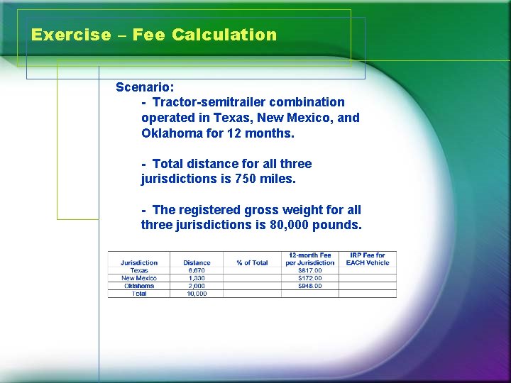 Exercise – Fee Calculation Scenario: - Tractor-semitrailer combination operated in Texas, New Mexico, and