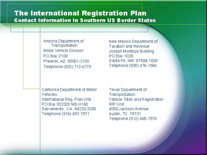 The International Registration Plan Contact Information In Southern US Border States Arizona Department of