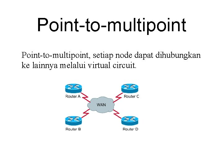 Point-to-multipoint, setiap node dapat dihubungkan ke lainnya melalui virtual circuit. 