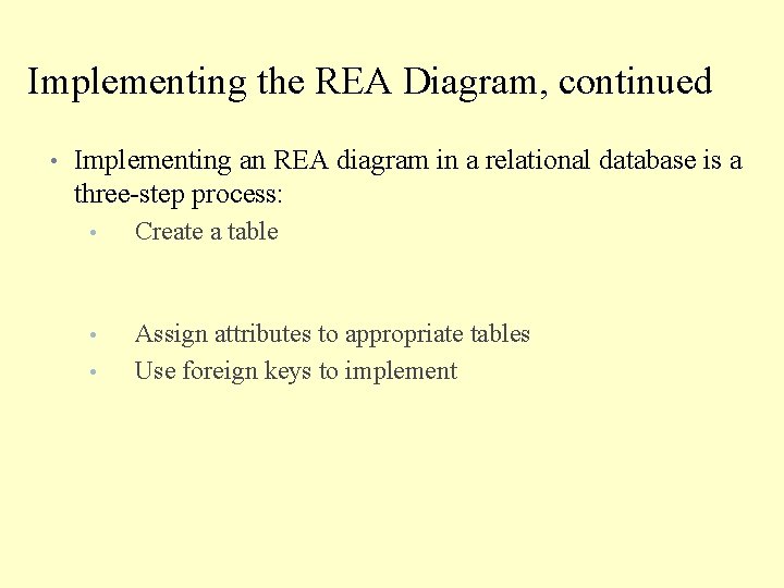 Implementing the REA Diagram, continued • Implementing an REA diagram in a relational database