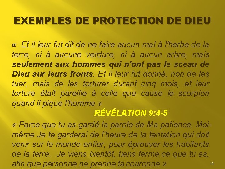 EXEMPLES DE PROTECTION DE DIEU « Et il leur fut dit de ne faire