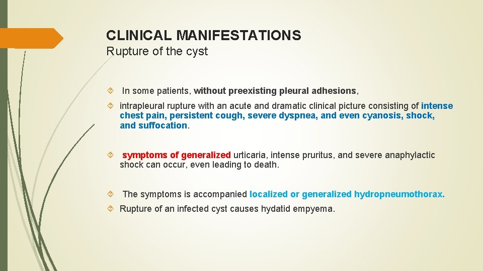 CLINICAL MANIFESTATIONS Rupture of the cyst In some patients, without preexisting pleural adhesions, intrapleural