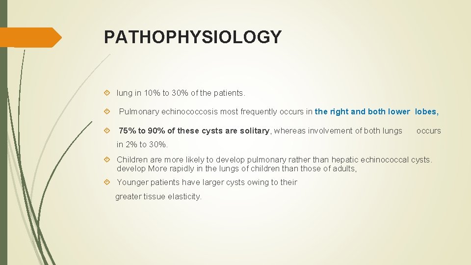 PATHOPHYSIOLOGY lung in 10% to 30% of the patients. Pulmonary echinococcosis most frequently occurs