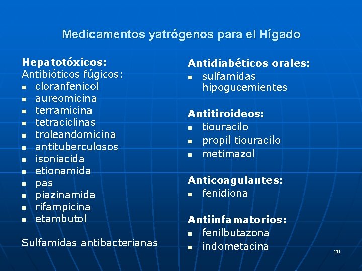 Medicamentos yatrógenos para el Hígado Hepatotóxicos: Antibióticos fúgicos: n cloranfenicol n aureomicina n terramicina