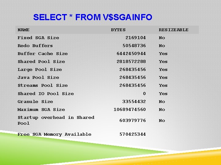 SELECT * FROM V$SGAINFO NAME Fixed SGA Size Redo Buffers BYTES RESIZEABLE 2169104 No