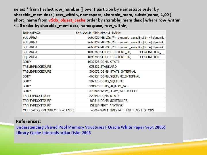 select * from ( select row_number () over ( partition by namespace order by