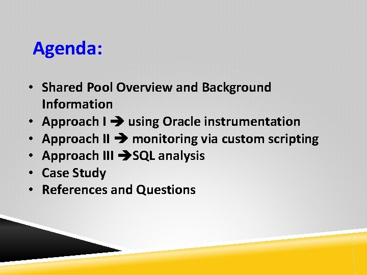 Agenda: • Shared Pool Overview and Background Information • Approach I using Oracle instrumentation